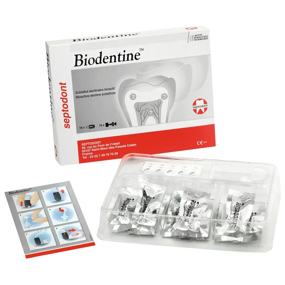 Septodont Biodentine™ - Packung 15 Kapseln Pulver, 15 Flüssigkeitspipetten, 15 Applikatoren, 1 Kapselhalter