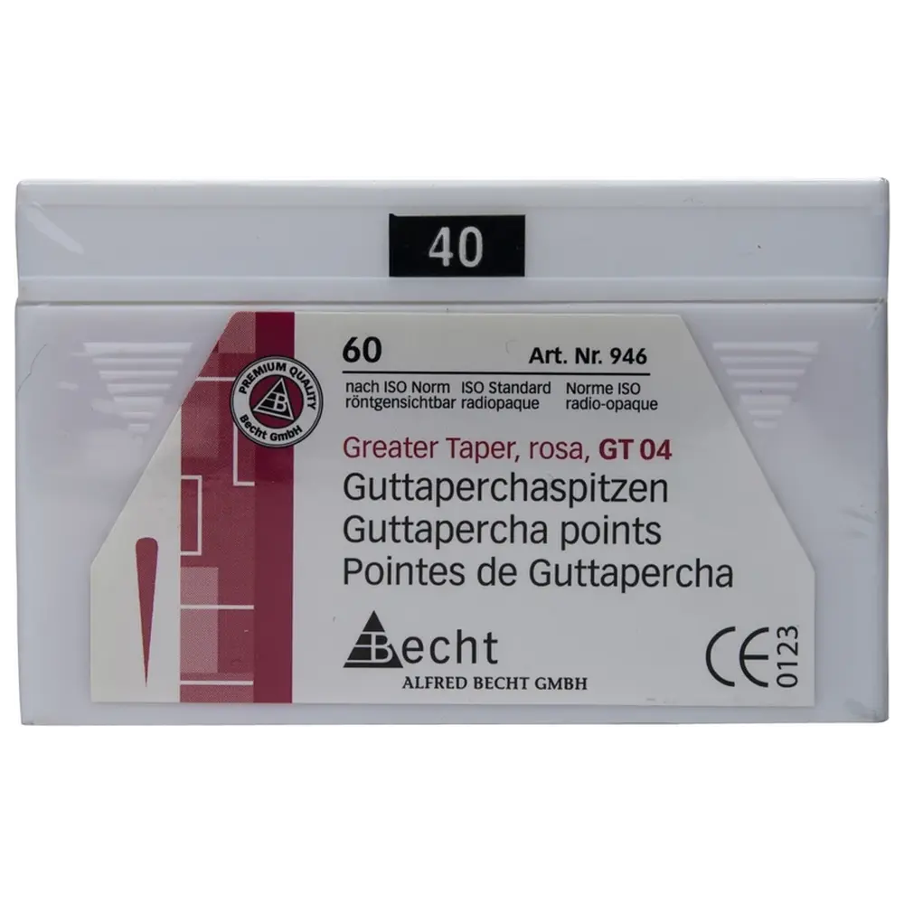 Becht Guttaperchaspitzen rosa Greater Taper - Packung 60 Stück Taper.04, ISO 040