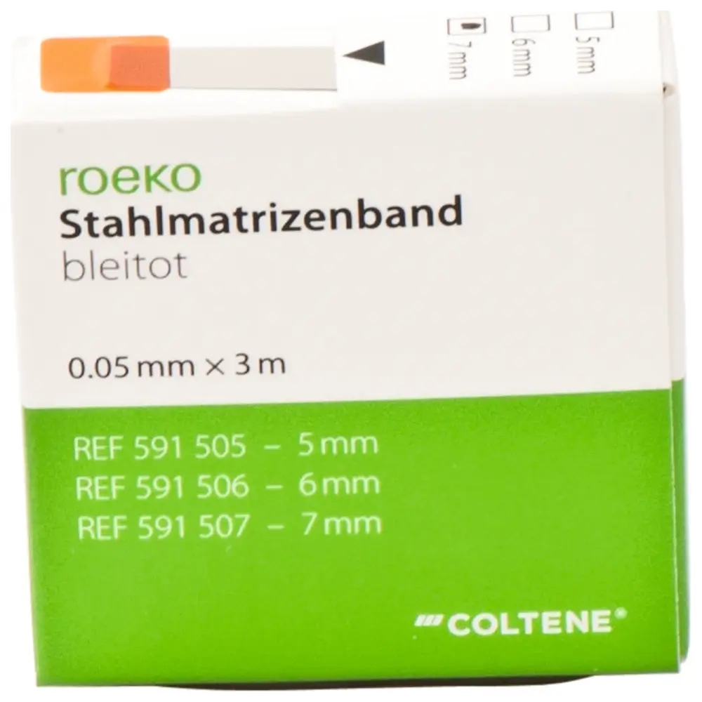 COLTENE roeko Stahlmatrizenband - Spender 3 m Band bleitot, Breite 7 mm, Stärke 0,05 mm