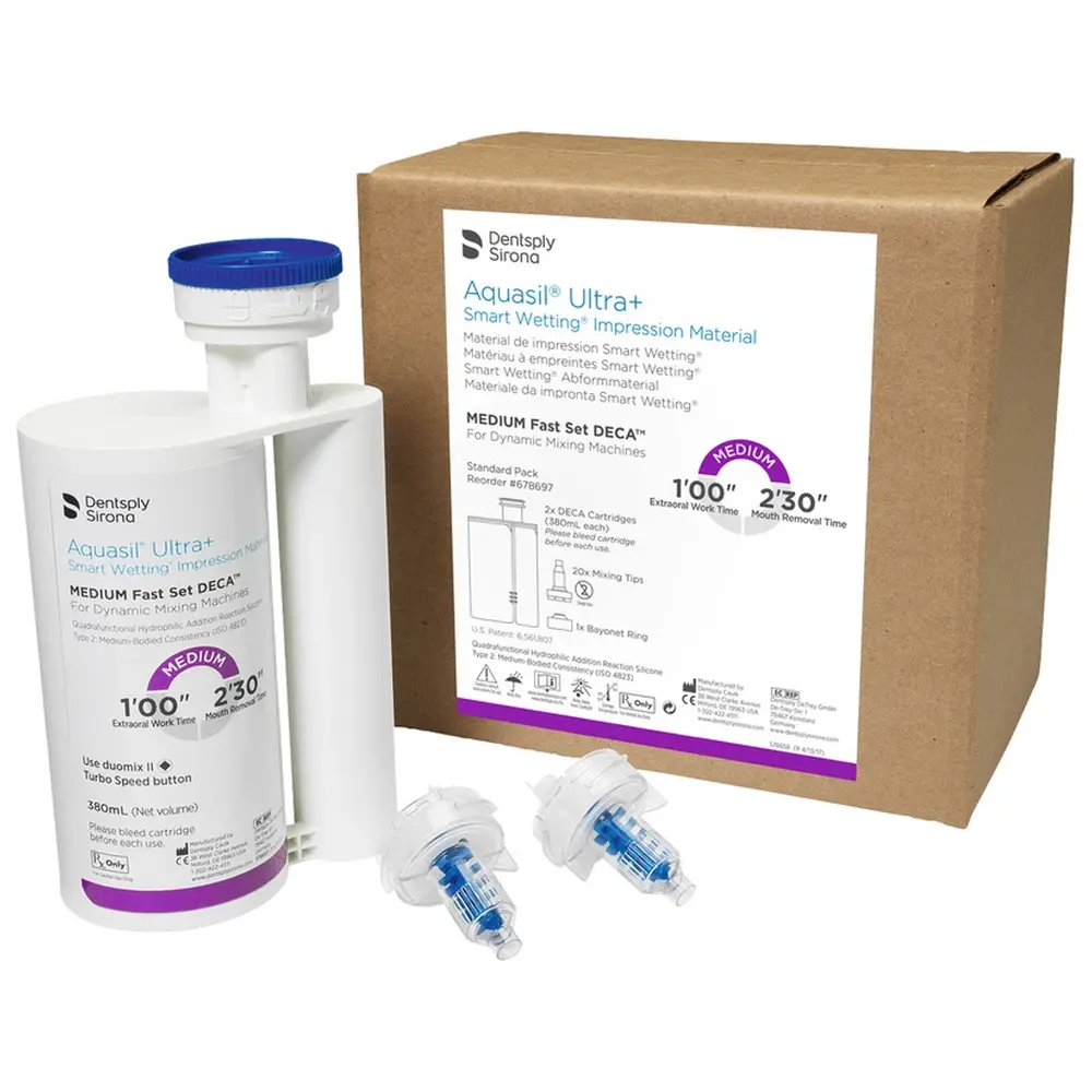 Dentsply Sirona Aquasil® Ultra+ - Packung 2 x 380 ml Doppelkartusche DECA Medium Fast Set, 20 Mischkanülen