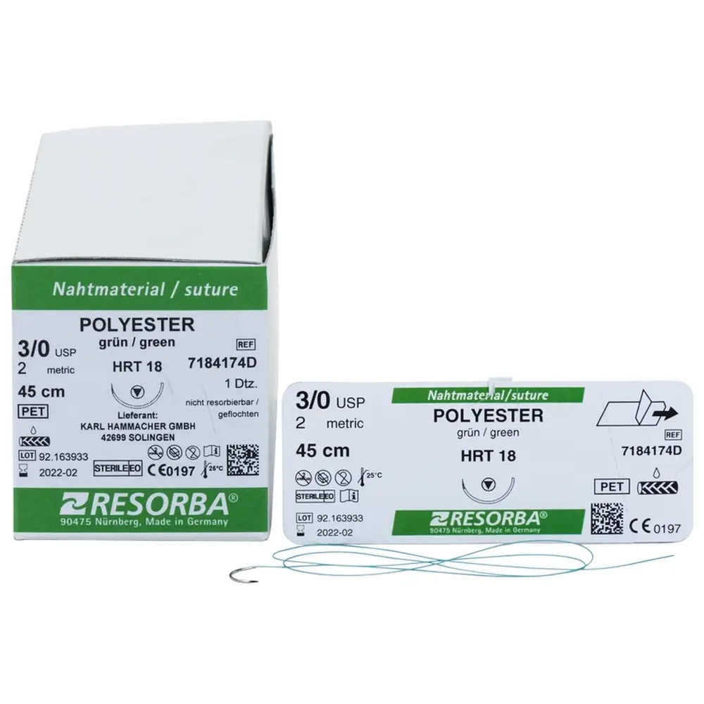 Resorba Medical RESORBA® Polyester - Packung 12 Stück, grün, 45 cm, HRT 18, USP 3/0