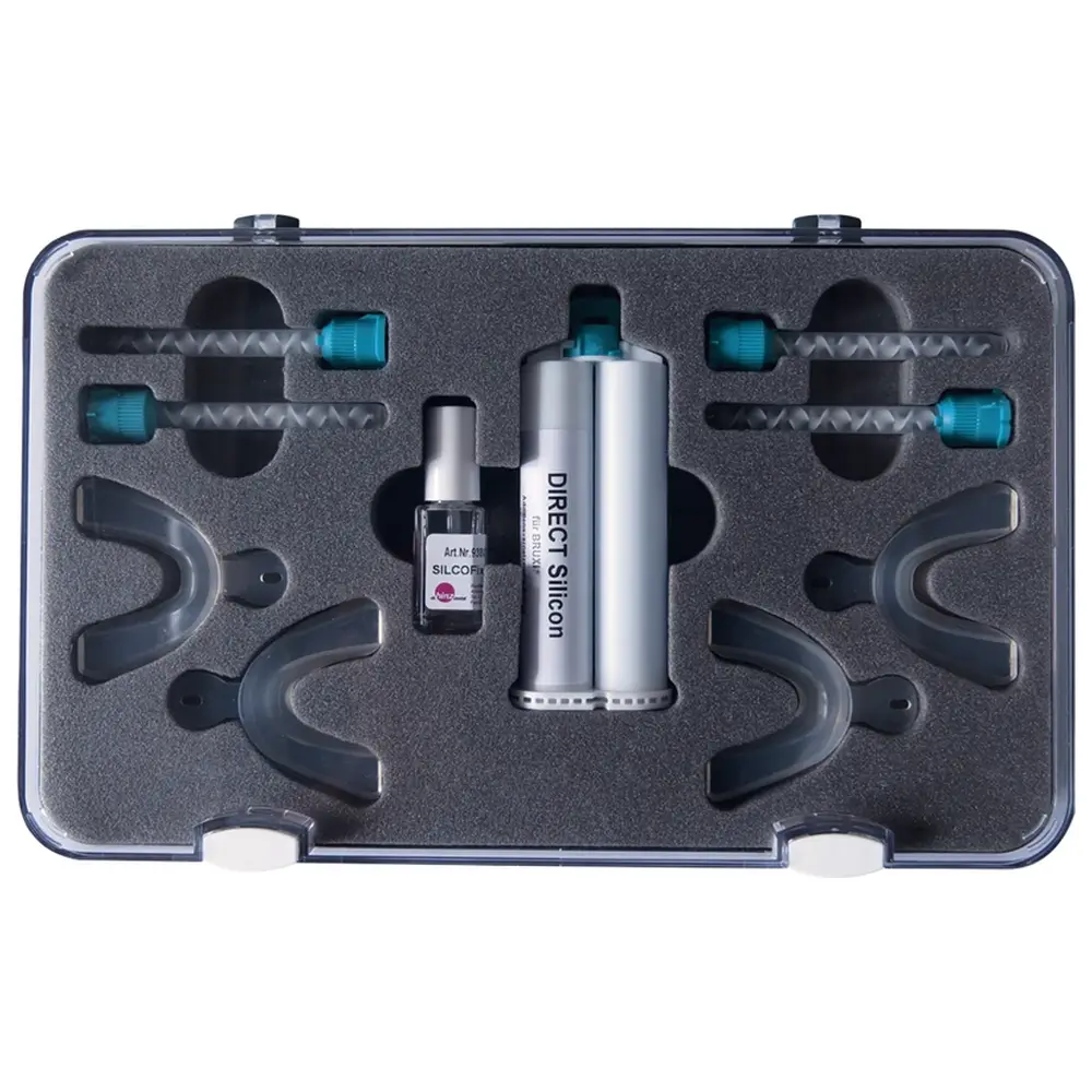 Dr. Hinz BRUXI+ - Set 50 ml DIRECT Silikon, 8 ml SILCOfix, 4 Abformlöffel, 4 Mischkanüllen, 1 Gebrauchsanleitung