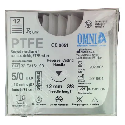 Omnia S.p.A. PTFE 5/0 Nahtmaterial 75cm 12mm schneid.3/8 kreisförmig Pa 12 Omnia S.p.A. PTFE 5/0 Nahtmaterial 75cm 12mm schneid.3/8 kreisförmig Pa 12