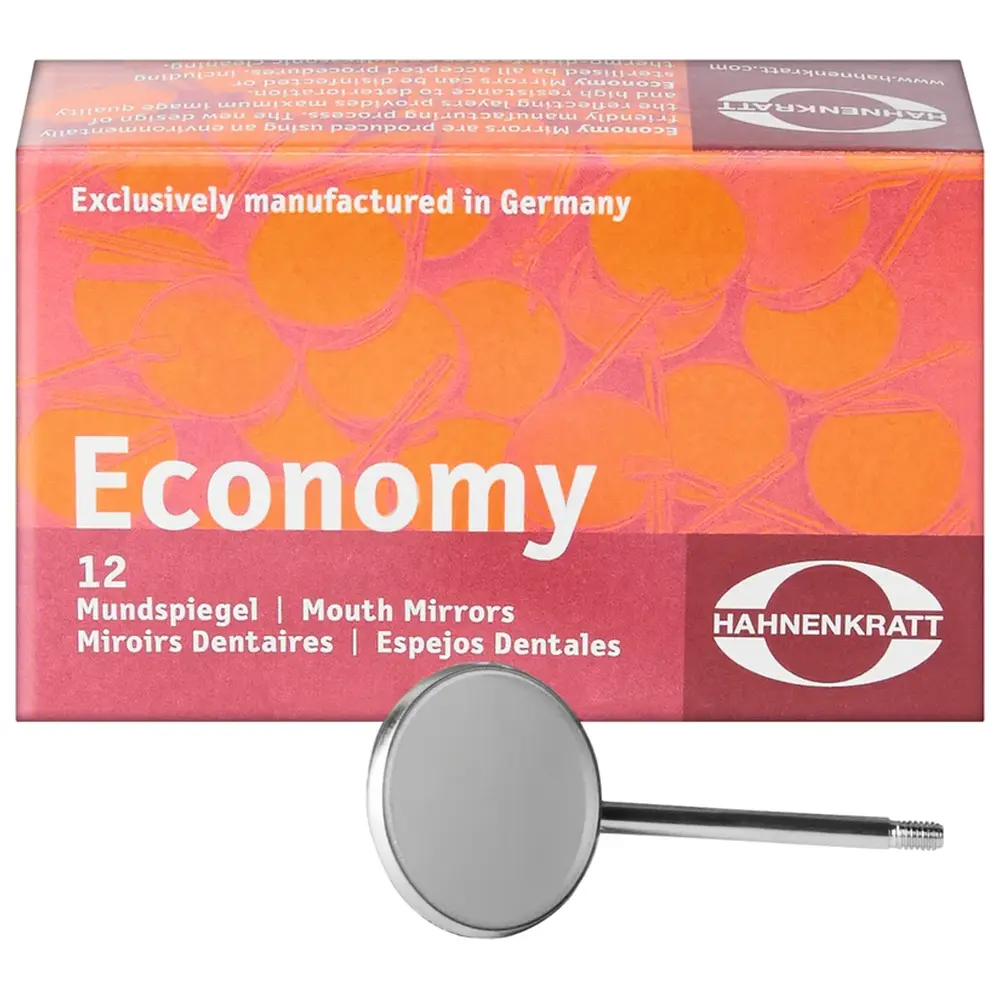 HAHNENKRATT Economy Mundspiegel - Packung 12 Stück Ø 22 mm, Größe 4, plan, SS-Stiel