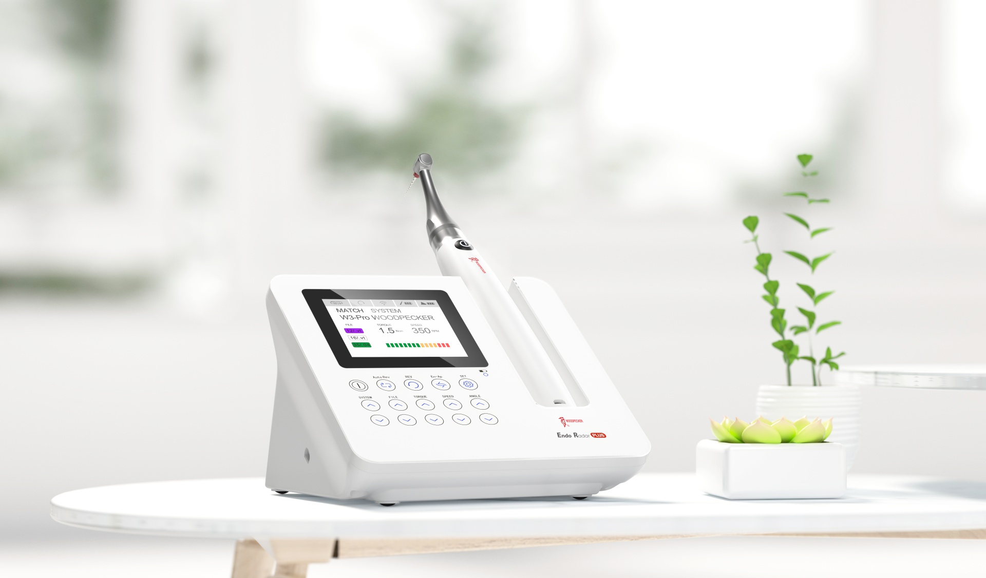 Endo-Motor Woodpecker Endo Radar PLUS – Bürstenlos, Apex-Locator, 100-1200 RPM, 360° Winkelstück, Wireless Charging