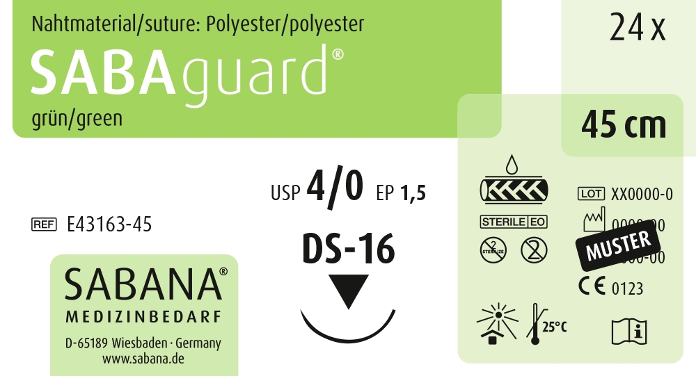 SABANA MEDIZINBEDARF SABAguard® - Packung 24 Stück grün, 45 cm, DS-16, USP 4/0, Stärke 1,5 SABANA MEDIZINBEDARF SABAguard® - Packung 24 Stück grün, 45 cm, DS-16, USP 4/0, Stärke 1,5