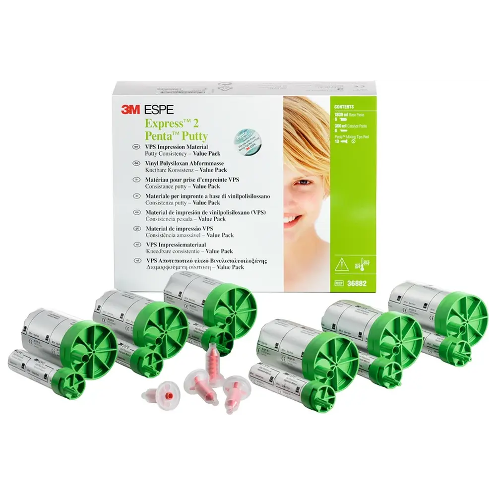 Solventum Dental Solutions Express™ 2 Penta™ Putty - Value Packung 6 x 300 ml Basispaste, 6 x 60 ml Katalysator, 10 Mischkanülen rot