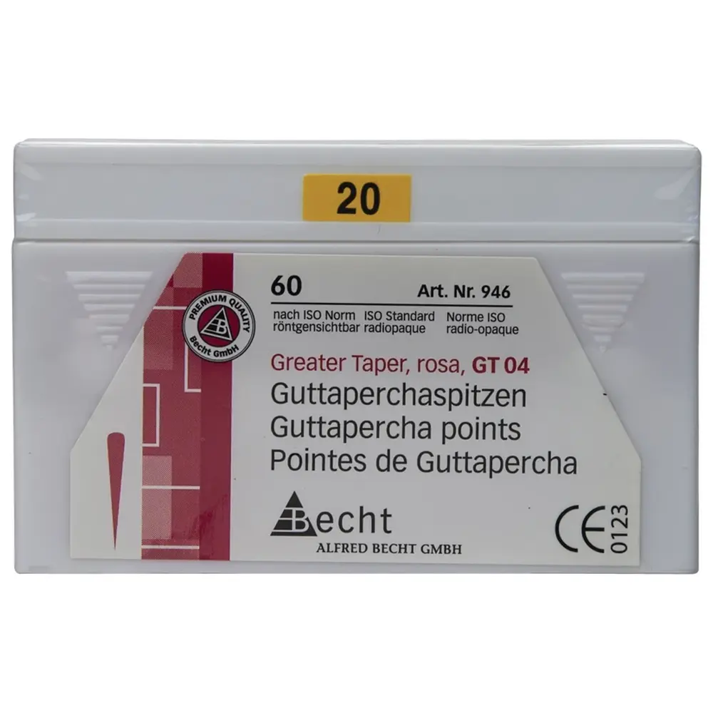 Becht Guttaperchaspitzen rosa Greater Taper - Packung 60 Stück Taper.04, ISO 020