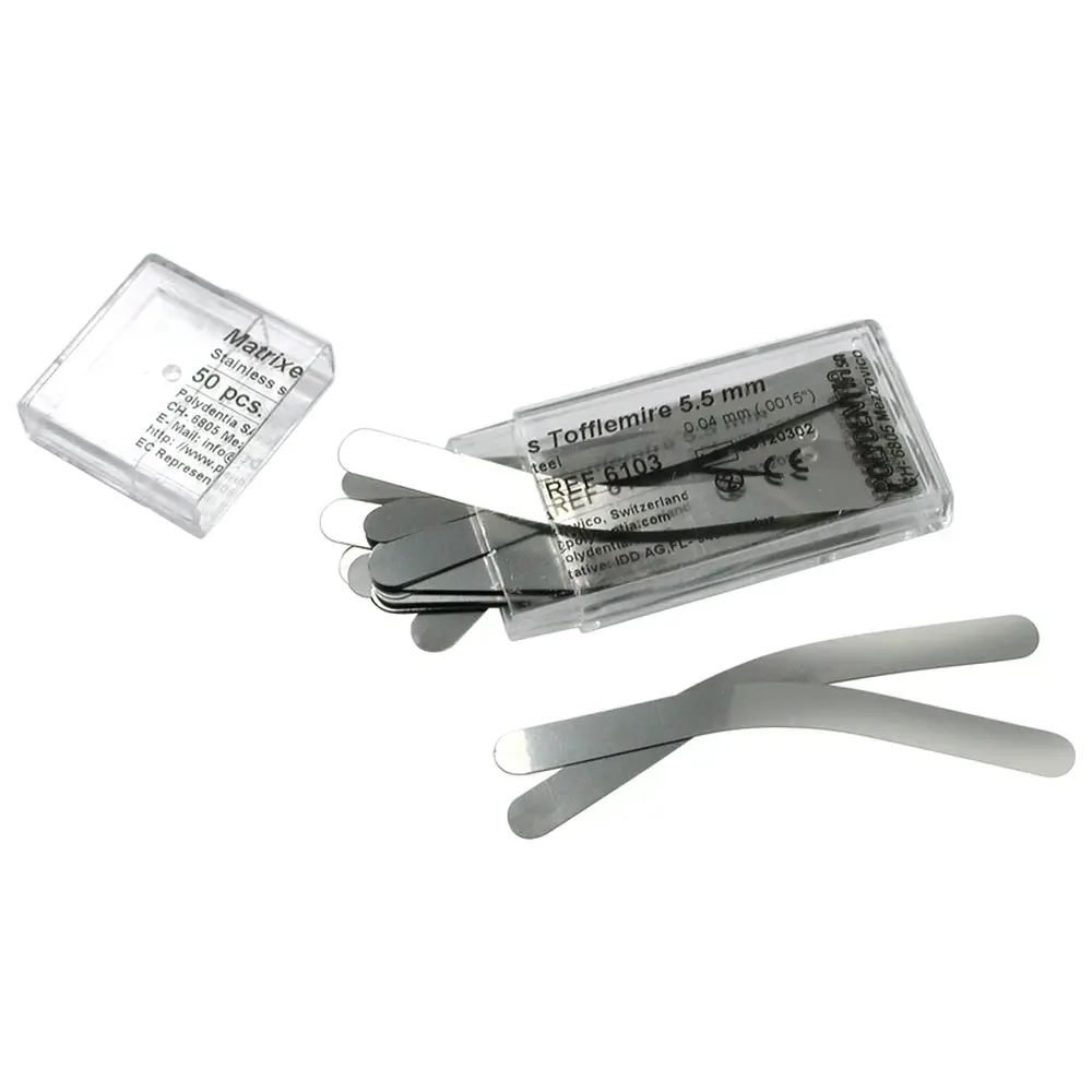 108279_Matrizen_nach_Tofflemire__Packung_50_Stueck_Hoehe_55_mm_Staerke_004_mm_Praemolar Polydentia SA Matrizen nach Tofflemire - Packung 50 Stück Höhe 5,5 mm, Stärke 0,04 mm, Prämolar
