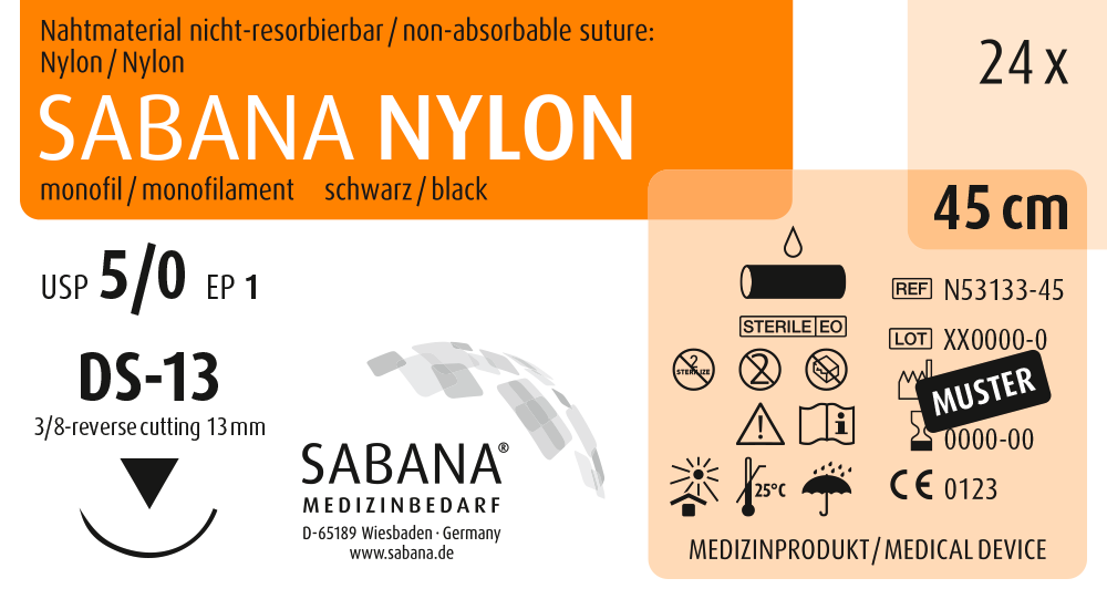 SABANA MEDIZINBEDARF SABANA NYLON - Packung 24 Stück schwarz, 45 cm, DS-13, USP 5/0, Stärke 1 SABANA MEDIZINBEDARF SABANA NYLON - Packung 24 Stück schwarz, 45 cm, DS-13, USP 5/0, Stärke 1