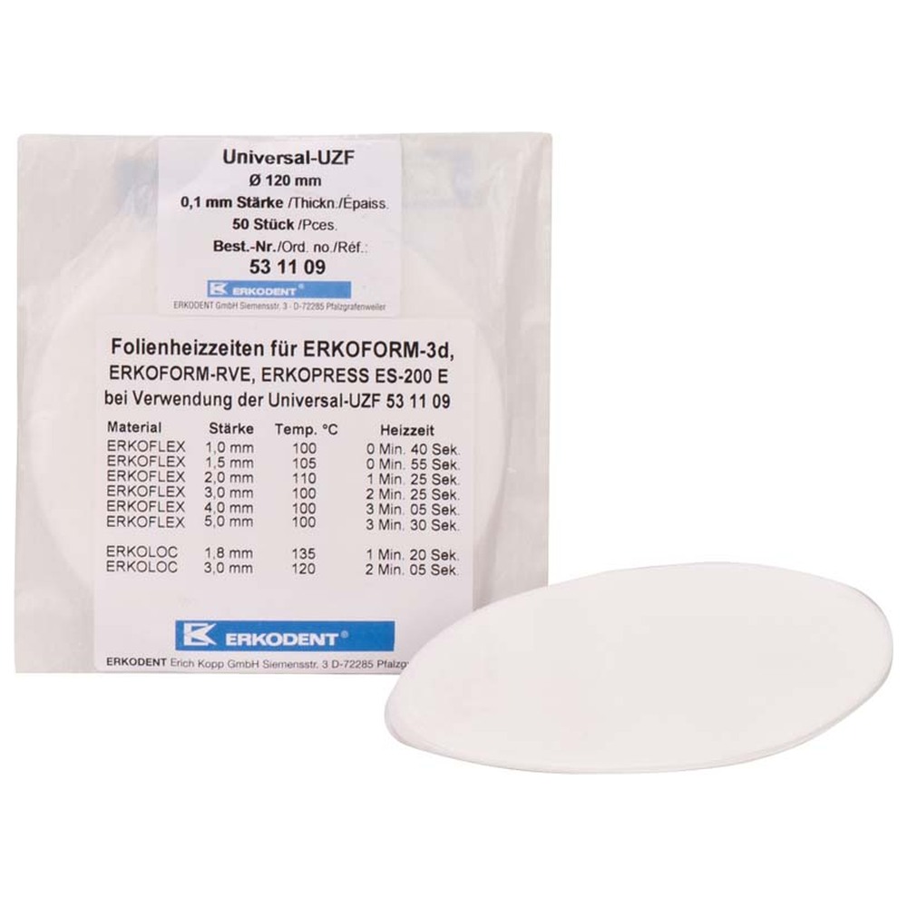 ERKODENT Unterziehfolien UZF - Packung 50 Stück weiß, Universal-UZF, Ø 120 mm, Stärke 0,1 mm