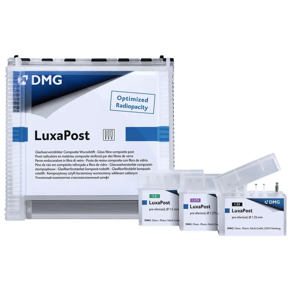 DMG LuxaPost® - Einführungspackung 15 Stifte (Ø 1,25 mm, Ø 1,375 mm, Ø 1,5 mm), 3 Bohrer (Ø 1,25 mm, Ø 1,375 mm, Ø 1,5 mm), 30 Tiefenmarkierer, 1 Messkarte