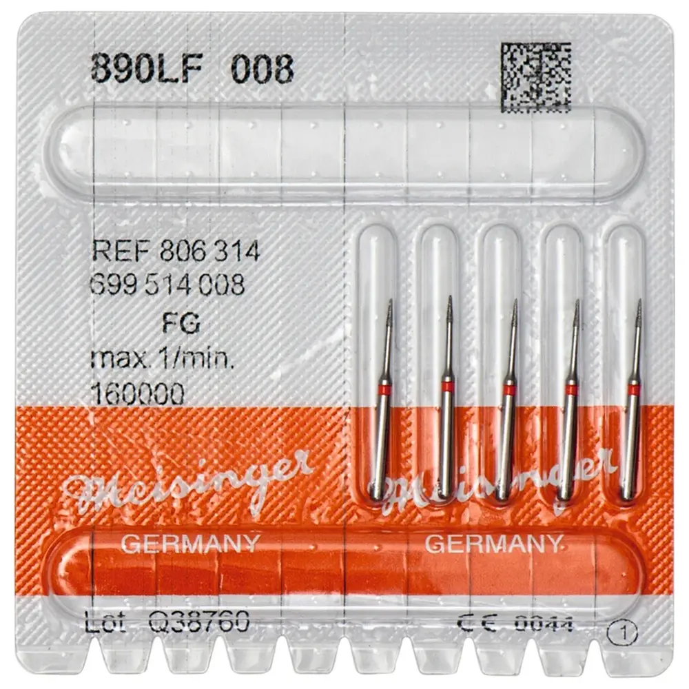 Hager & Meisinger Diamanten 890 - Packung 5 Stück rot fein, FG, Figur 699 Nadel konisch spitz, 3 mm, ISO 008