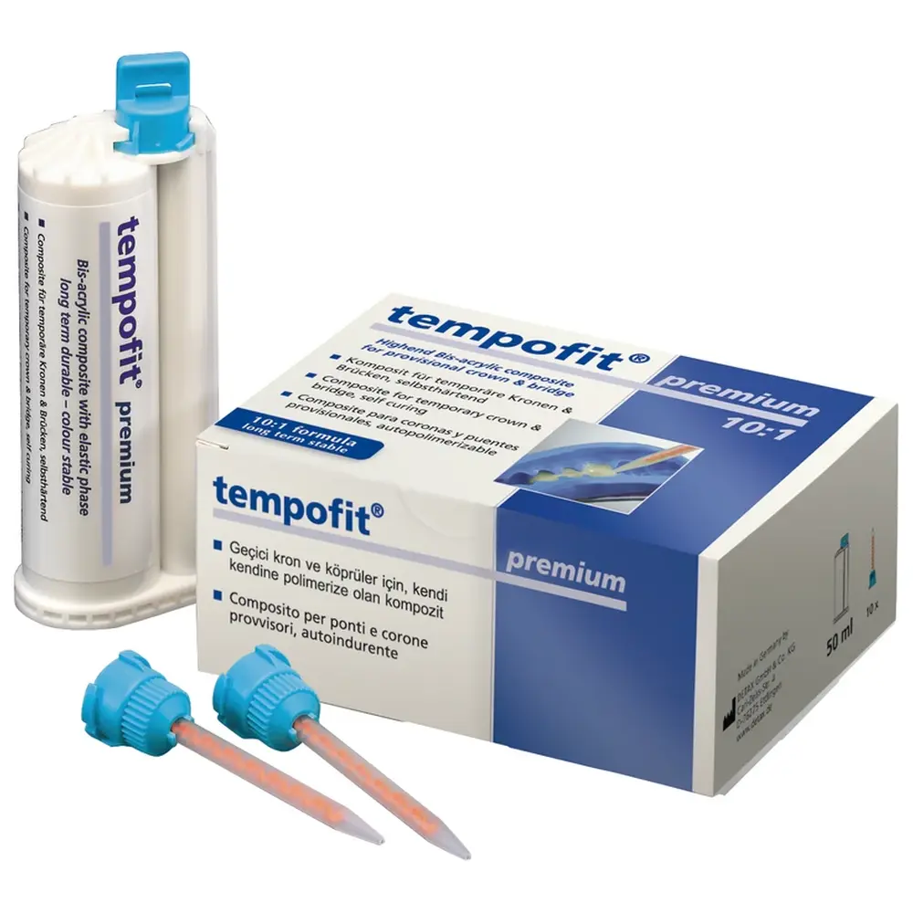 DETAX tempofit® premium - Standardpackung 50 ml Doppelkartusche A3, 10 Mischkanülen blau