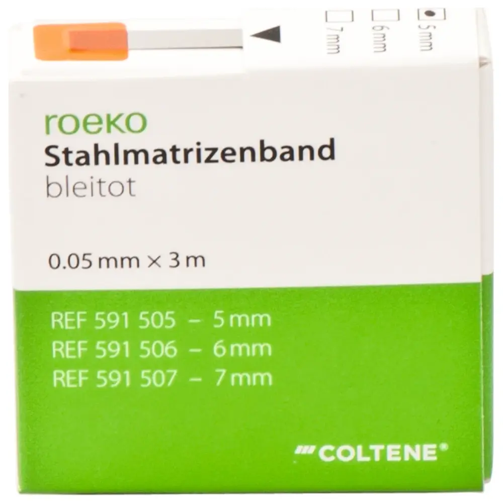 COLTENE roeko Stahlmatrizenband - Spender 3 m Band bleitot, Breite 5 mm, Stärke 0,05 mm