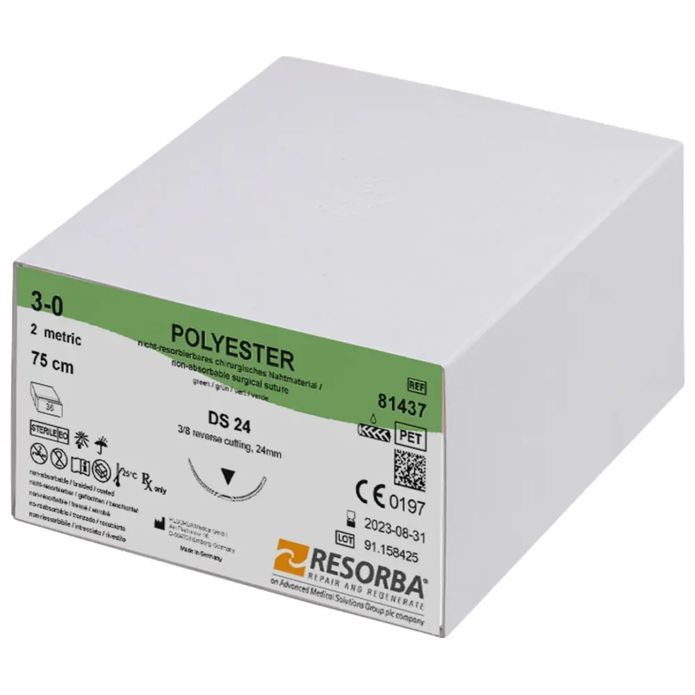 Resorba Medical RESORBA® Polyester - Packung 36 Stück grün, 75 cm, DS 24, USP 3/0