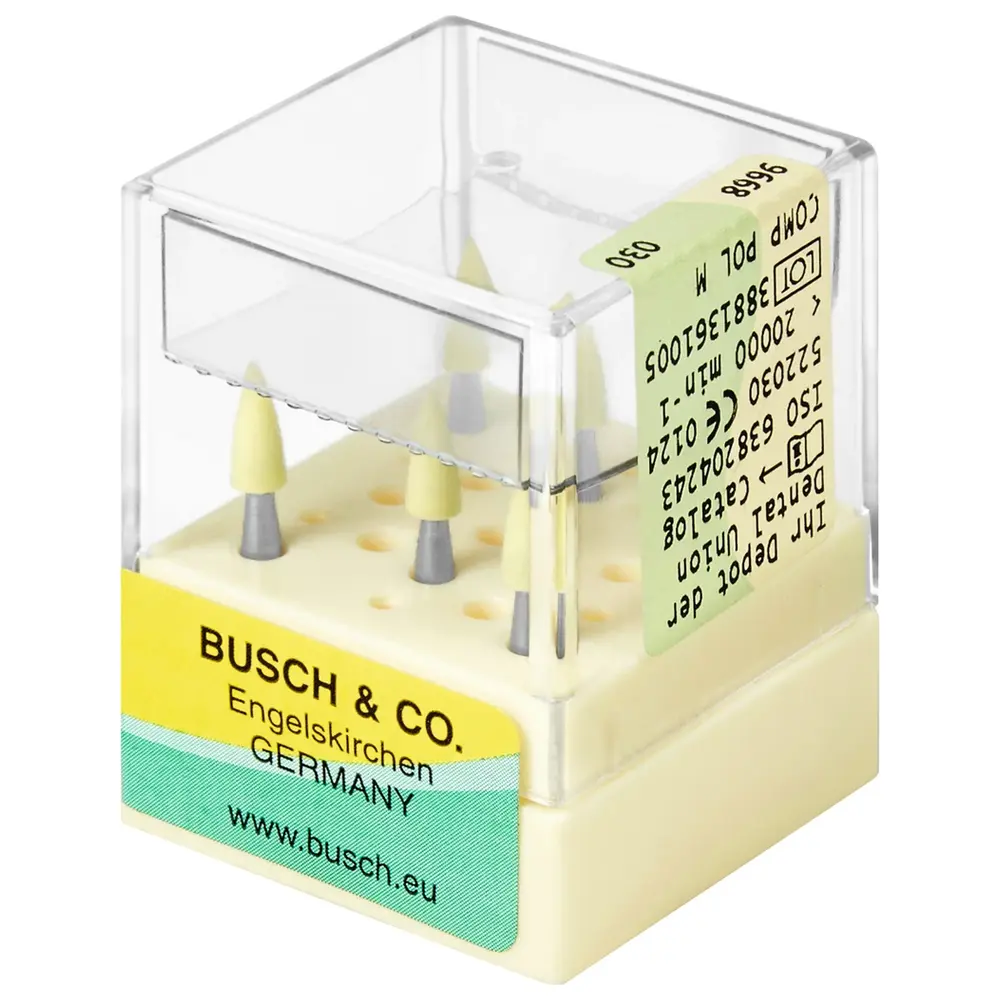 Busch 2-stufiges Poliersystem f. Komposit - Packung 6 Stück gelb mittel, RA, ISO 030 Busch 2-stufiges Poliersystem f. Komposit - Packung 6 Stück gelb mittel, RA, ISO 030