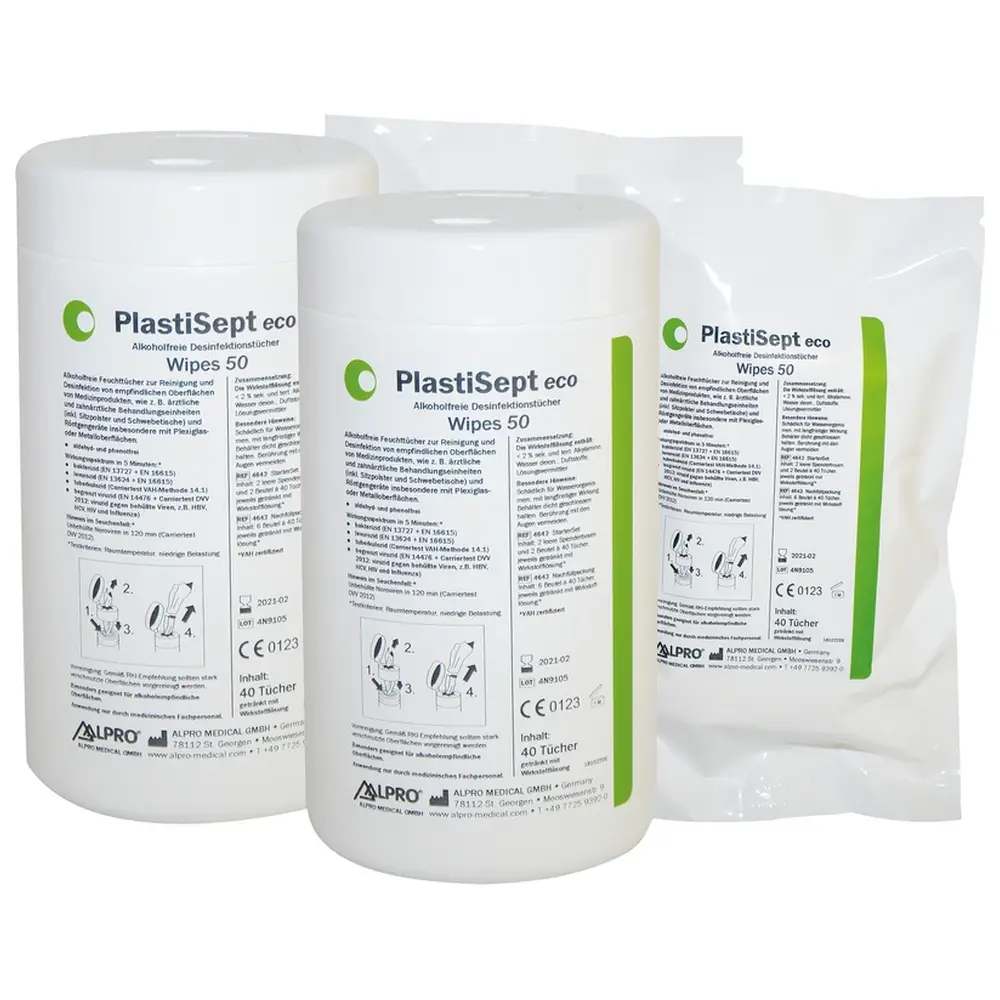 ALPRO MEDICAL PlastiSept eco Wipes 50 - StarterSet 2 Spenderboxen leer, 2 Nachfüllbeutel