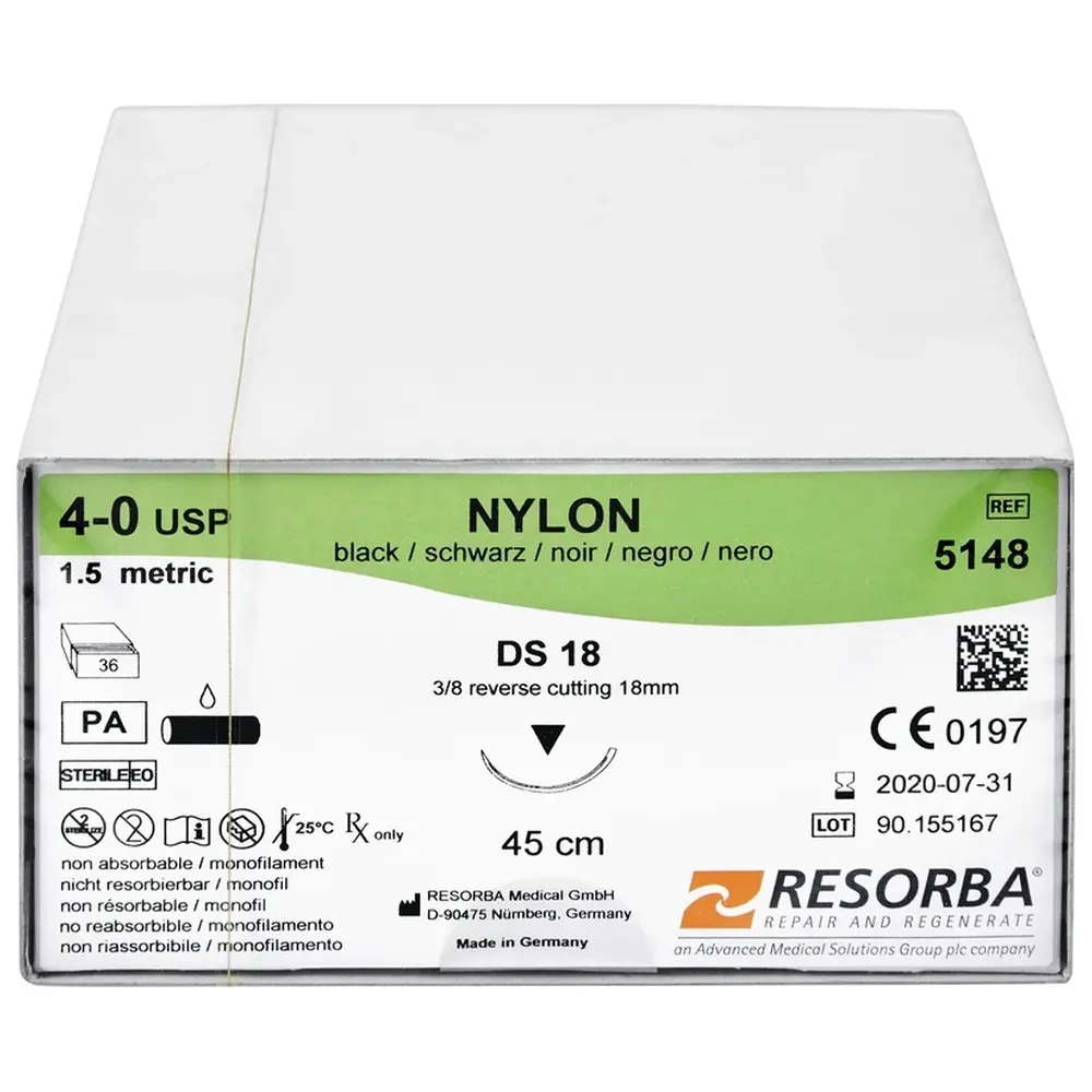 Resorba Medical Nylon Monofil - Packung 36 Stück, schwarz, 45 cm, DS 18, USP 4/0