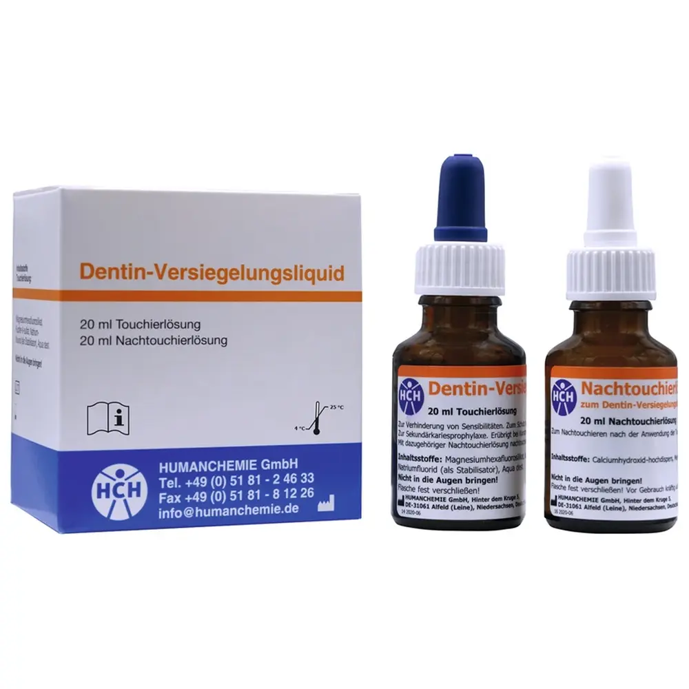 HUMANCHEMIE Dentin-Versiegelungsliquid - Packung 20 ml Touchierlösung, 20 ml Nachtouchierlösung in Flaschen mit Tropfpipetten