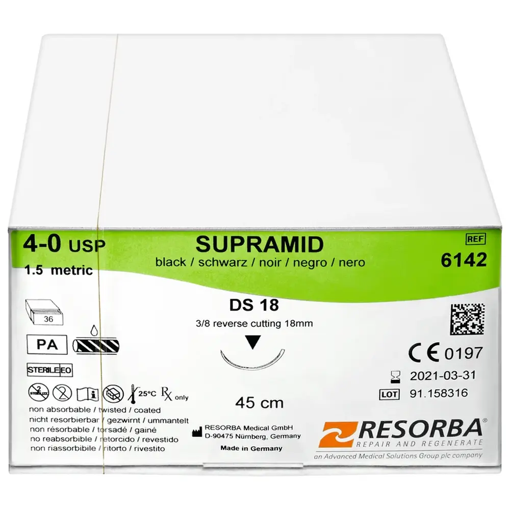 Resorba Medical RESORBA® Supramid - Packung 36 Stück, schwarz, 45 cm, DS 18, USP 4/0