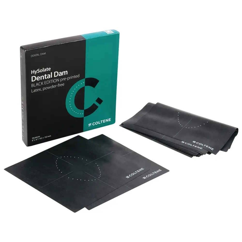 215835_HySolate_Dental_Dam__Packung_36_Stueck_dunkel_152_x_152_mm_mittel_bedruckt COLTENE HySolate Dental Dam - Packung 36 Stück dunkel, 152 x 152 mm, mittel, bedruckt