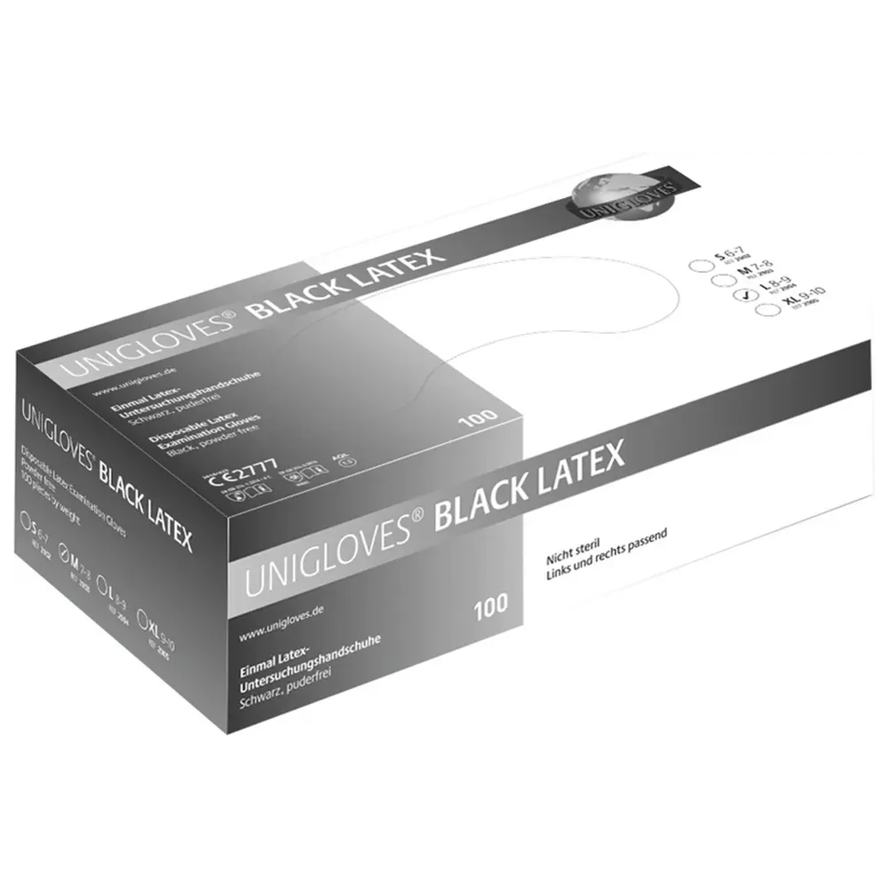 Unigloves BLACK LATEX - Packung 100 Stück puderfrei, schwarz, L