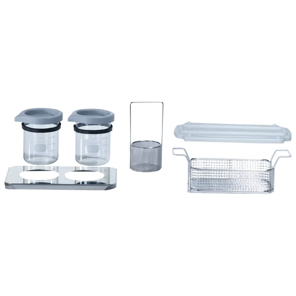 Dürr Dental Hygosonic Glasset - Packung 2 x 600 ml Bechergläser mit Deckel und Gummihaltering, Lochblechtablett