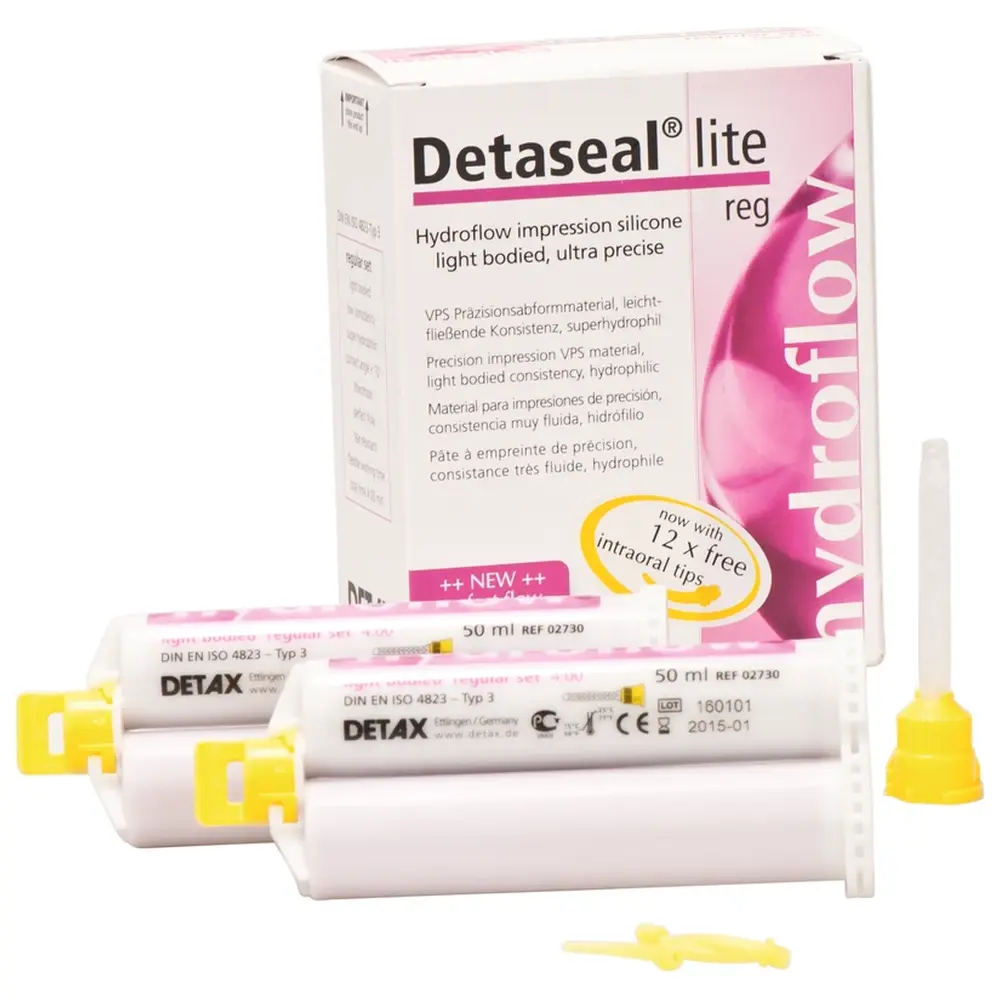 DETAX Detaseal® hydroflow lite - Standardpackung 2 x 50 ml Doppelkartusche regular, 12 Mischkanülen gelb