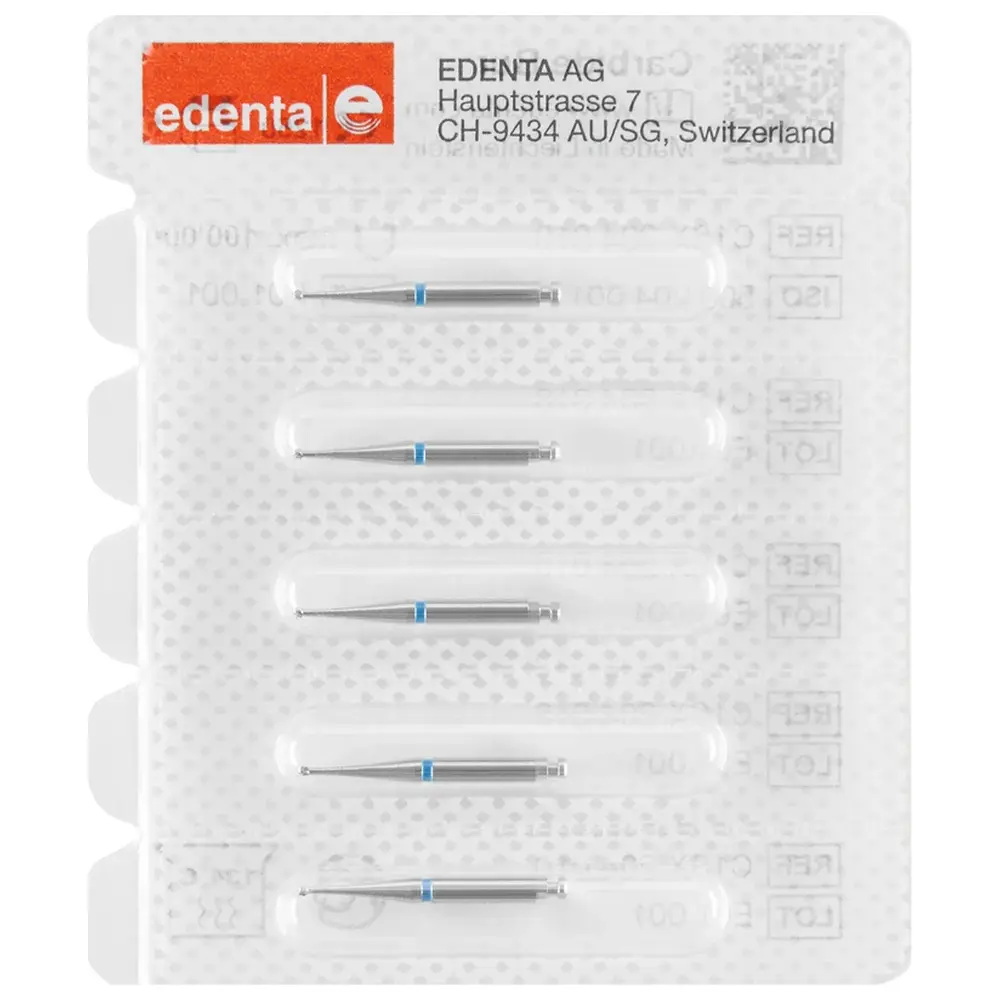 Edenta HM-Bohrer C1SX - Packung 5 Stück Kreuzverzahnung blau RA, Figur 001, ISO 010