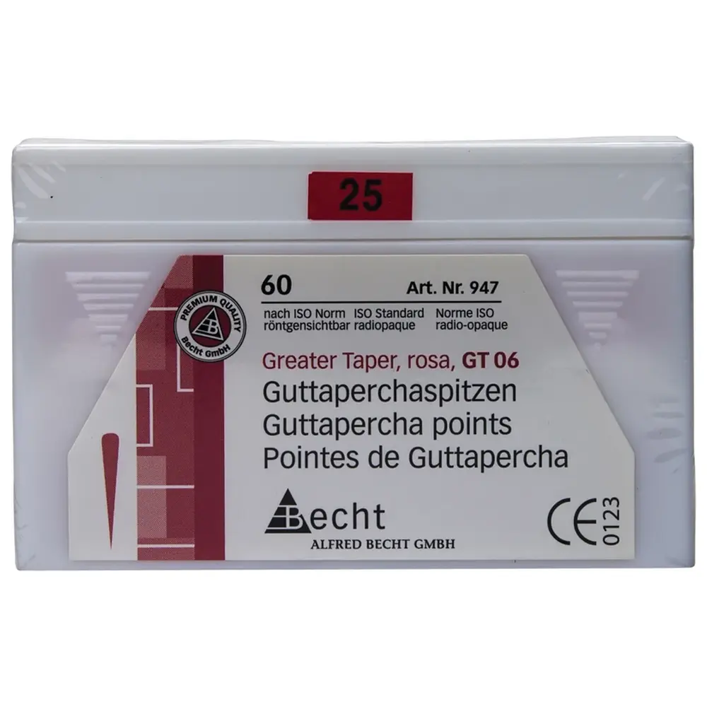 Becht Guttaperchaspitzen rosa Greater Taper - Packung 60 Stück Taper.06, ISO 025