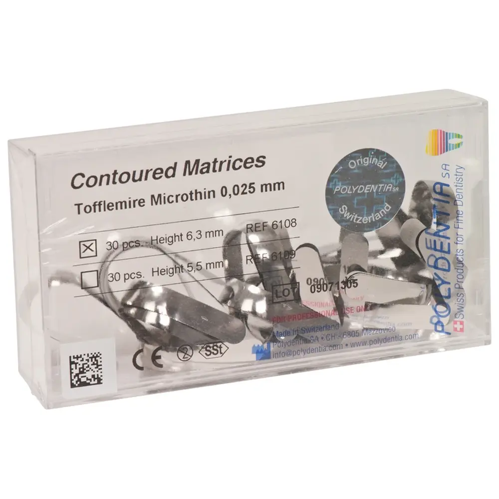 Polydentia SA Matrizen nach Tofflemire bombiert - Packung 30 Stück Höhe 6,3 mm, Stärke 0,025 mm, Molar
