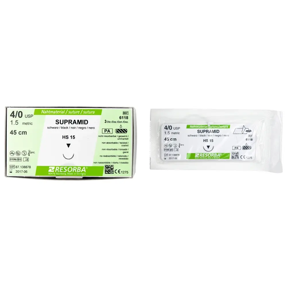 Resorba Medical RESORBA® Supramid - Packung 36 Stück, schwarz, 45 cm, HS 15, USP 4/0