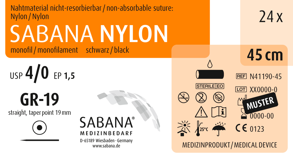 SABANA MEDIZINBEDARF SABANA NYLON - Packung 24 Stück schwarz, 45 cm, GR-19, USP 4/0, Stärke 1,5 SABANA MEDIZINBEDARF SABANA NYLON - Packung 24 Stück schwarz, 45 cm, GR-19, USP 4/0, Stärke 1,5