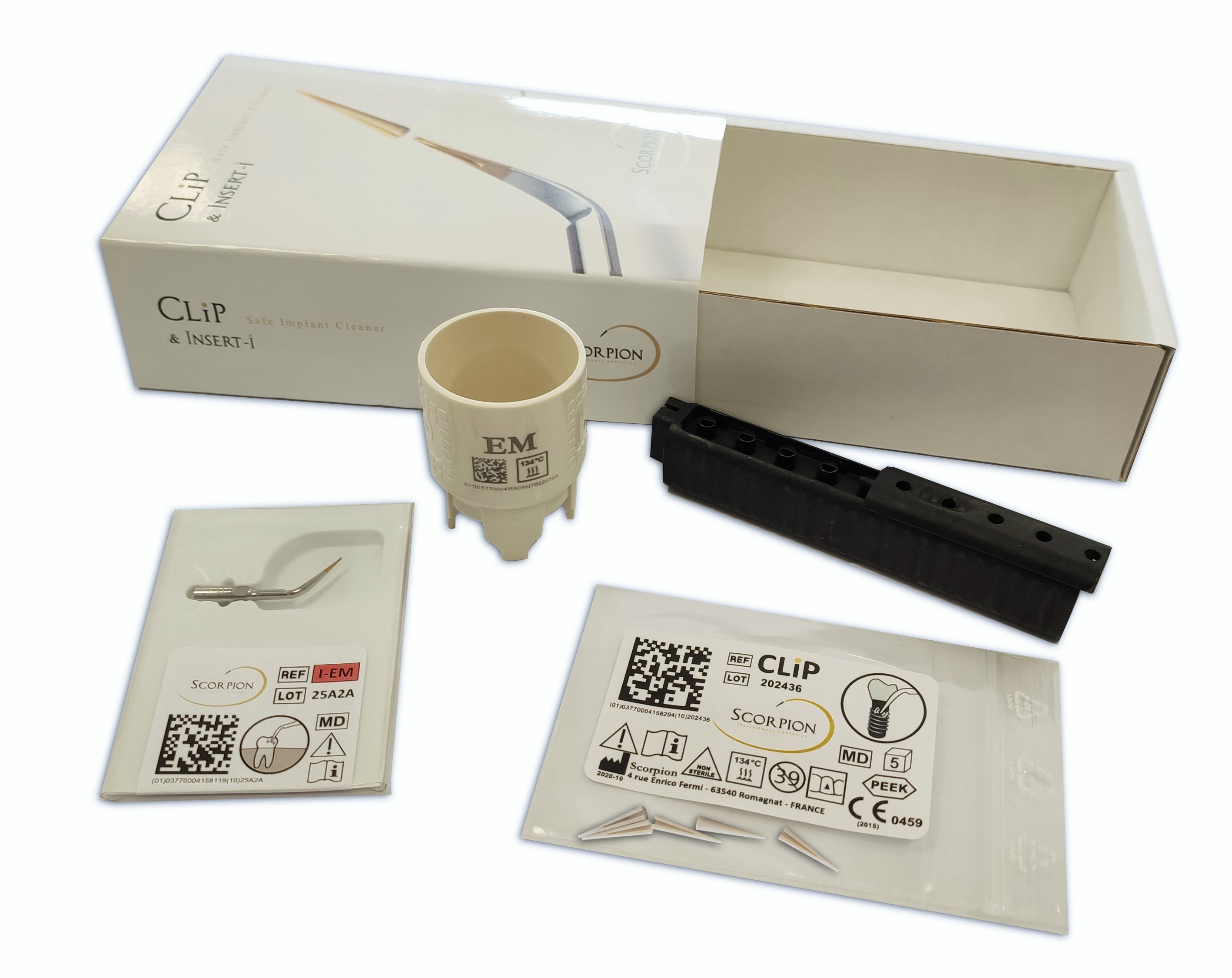 Scorpion Scaling- und Implantatreinigungsset – EMS, Woodpecker, 1x I-EM Spitze, 5x CLiPs, 1x CLEF-EM Schlüssel