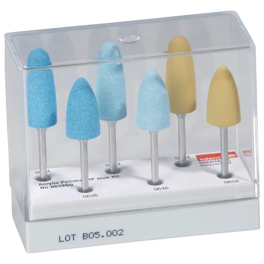 Edenta Acrylic Polisher blue Kit - Kit 6 Stück (4 x Acrylic Polierer 0634, 0636, 0644, 0646, 2 x Exa Technique gelb 0656, 0654)