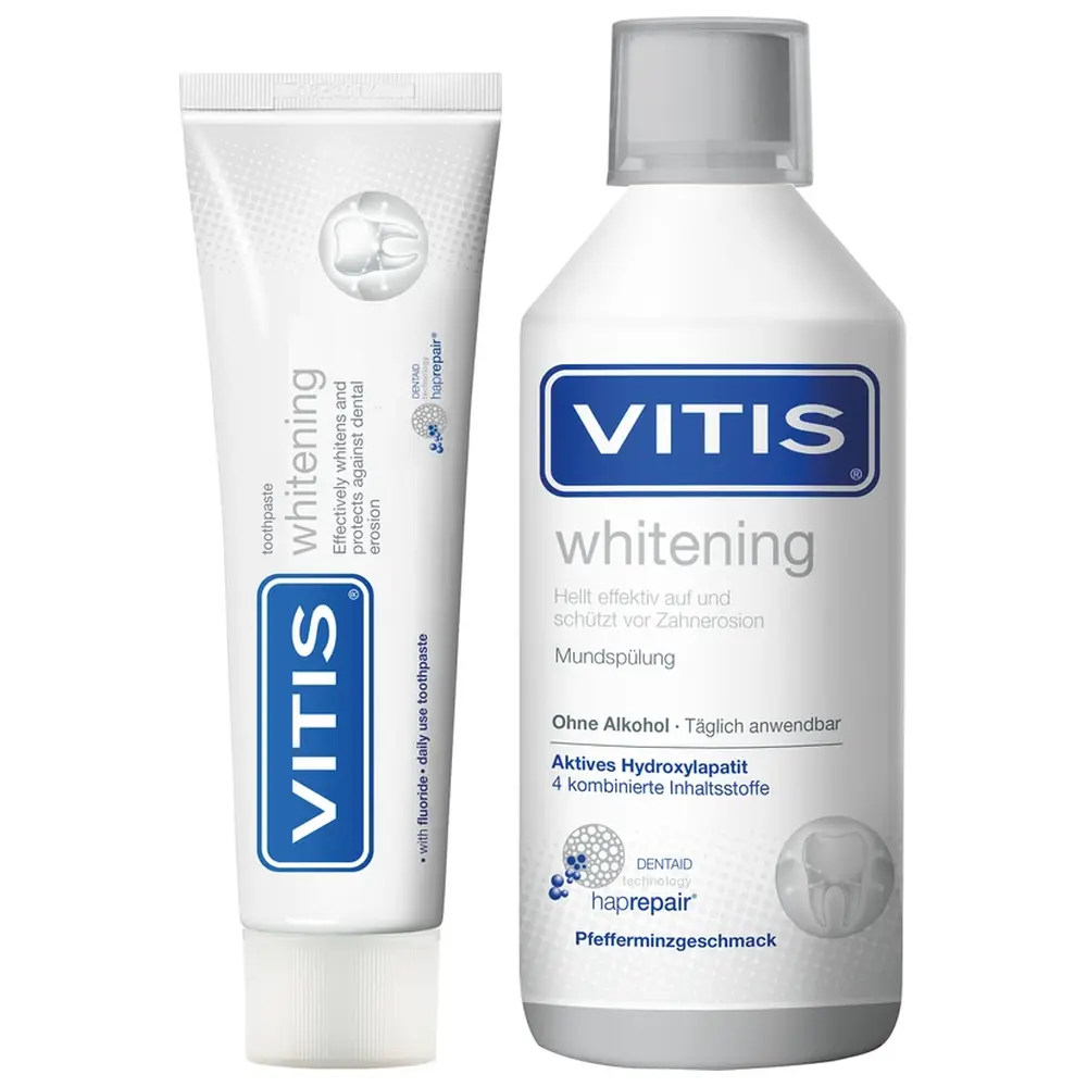 DENTAID VITIS® whitening Zahnpasta - Set 2in1 100 ml Zahnpasta, 500 ml Mundspülung DENTAID VITIS® whitening Zahnpasta - Set 2in1 100 ml Zahnpasta, 500 ml Mundspülung