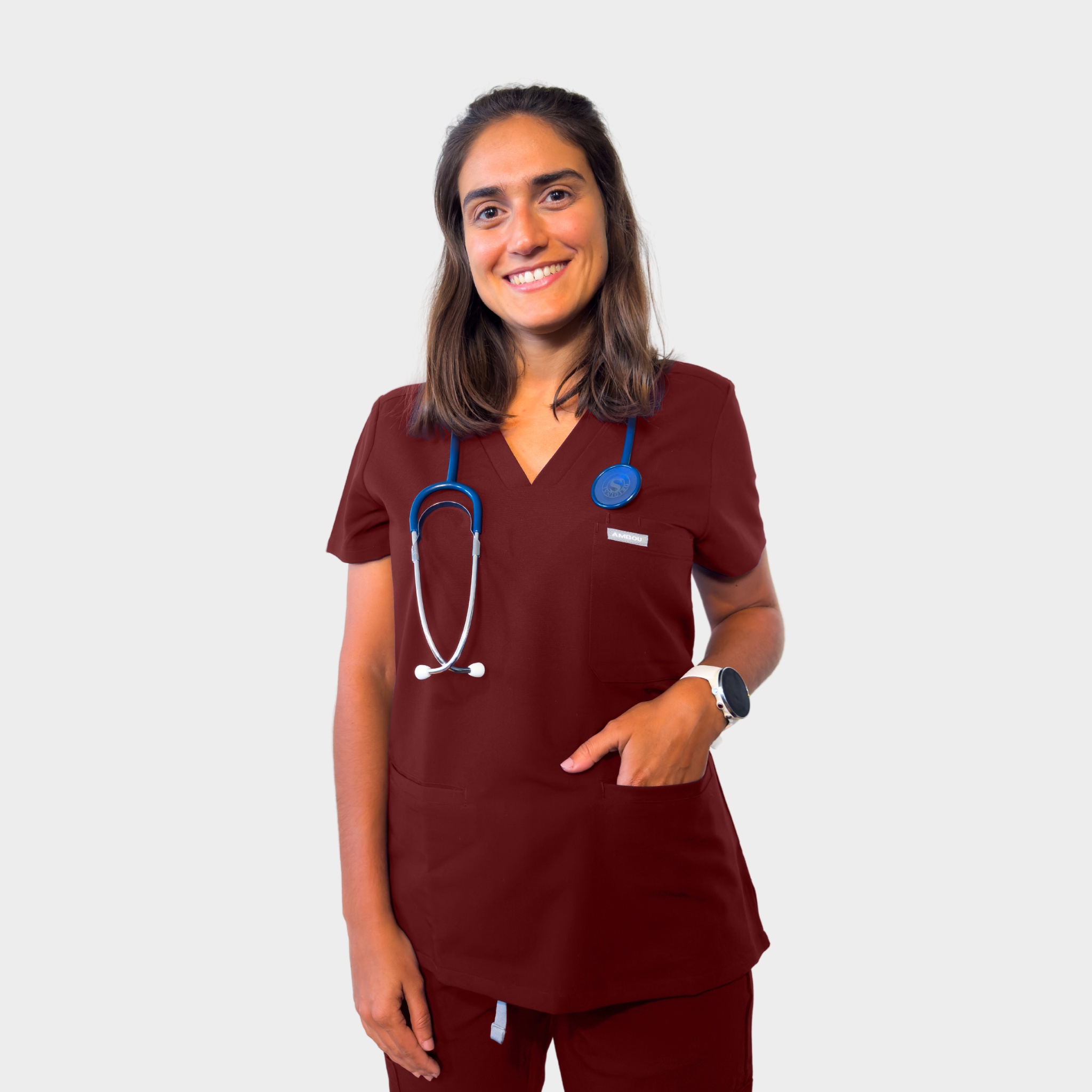Kasack Oberteil Damen – Ambou Artemis Agility, Burgundy, Größe L, V-Ausschnitt, 5 Taschen, klassische Passform, AMBOUx Technologie