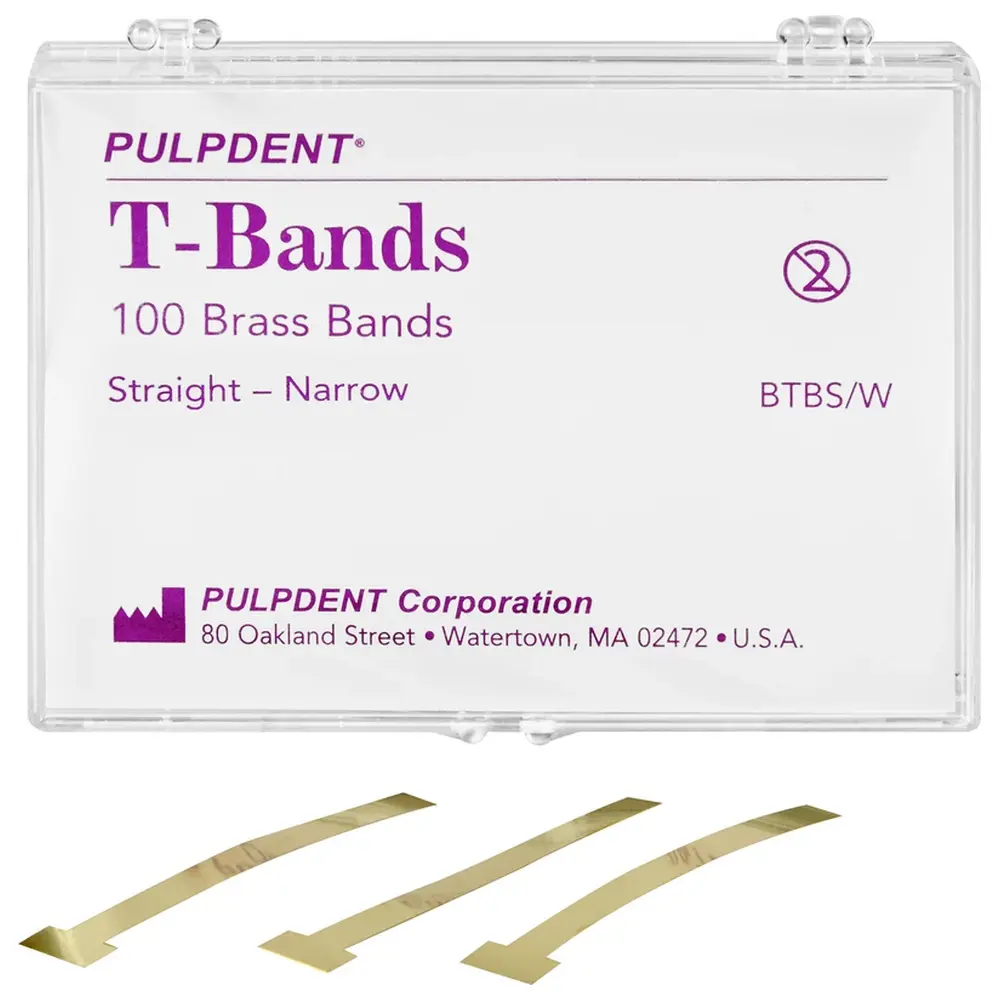 31680_PCA_TBands__Packung_100_Stueck_schmal_gerade_Messing PULPDENT PCA T-Bands - Packung 100 Stück schmal, gerade, Messing