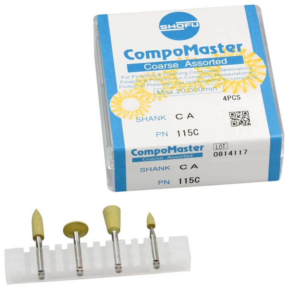 SHOFU CompoMaster - Sortiment 4 Stück gelb grob, RA, (Figur Walze, Minispitze, Linse, Kelch)
