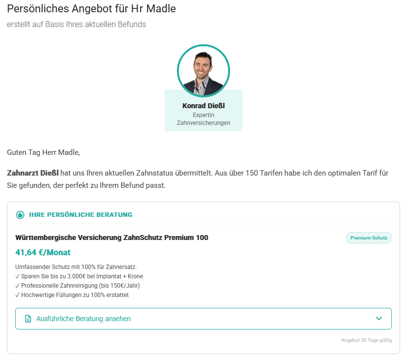 Screenshot des persönlichen Angebots