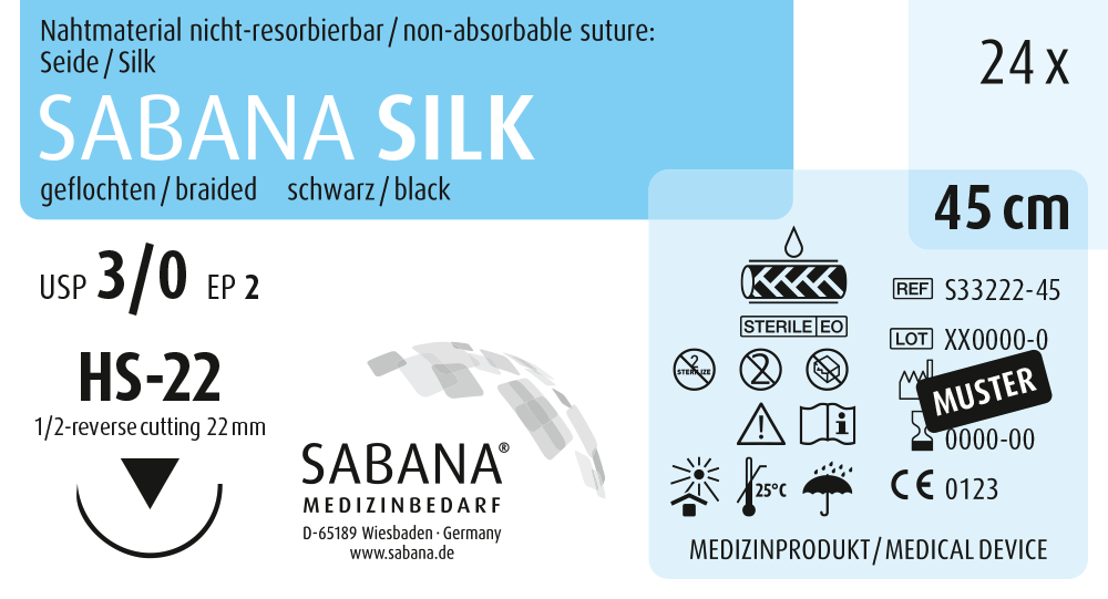 SABANA MEDIZINBEDARF SABANA SILK - Packung 24 Stück schwarz, 45 cm, HS-22, USP 3/0, Stärke 2 SABANA MEDIZINBEDARF SABANA SILK - Packung 24 Stück schwarz, 45 cm, HS-22, USP 3/0, Stärke 2