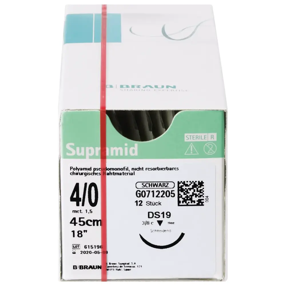 B. Braun Supramid® - Packung 12 Stück schwarz, 45 cm, USP 4/0, DS19