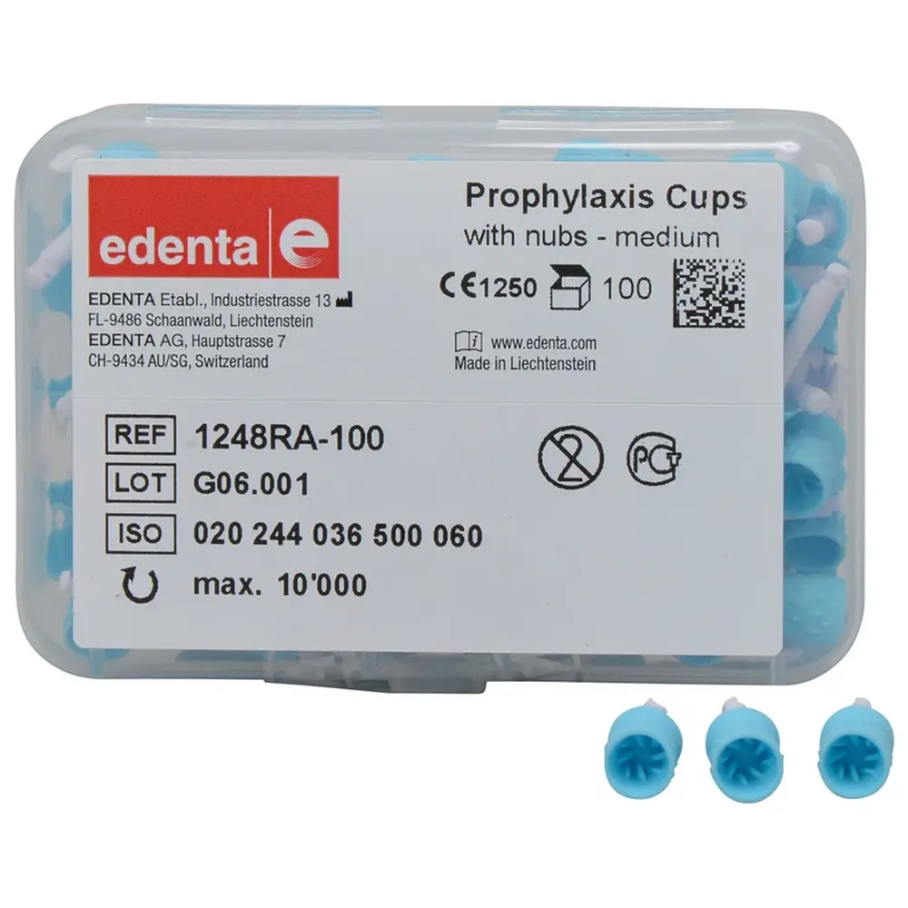 130864_Prophylaxe_Polierer_RA_blau_Cup_Plastik_Schaft_Pa_100 Edenta Prophylaxis Cups with nubs - Packung 100 Stück blau medium, RA, Figur 036 mit Noppen, 9 mm, ISO 060