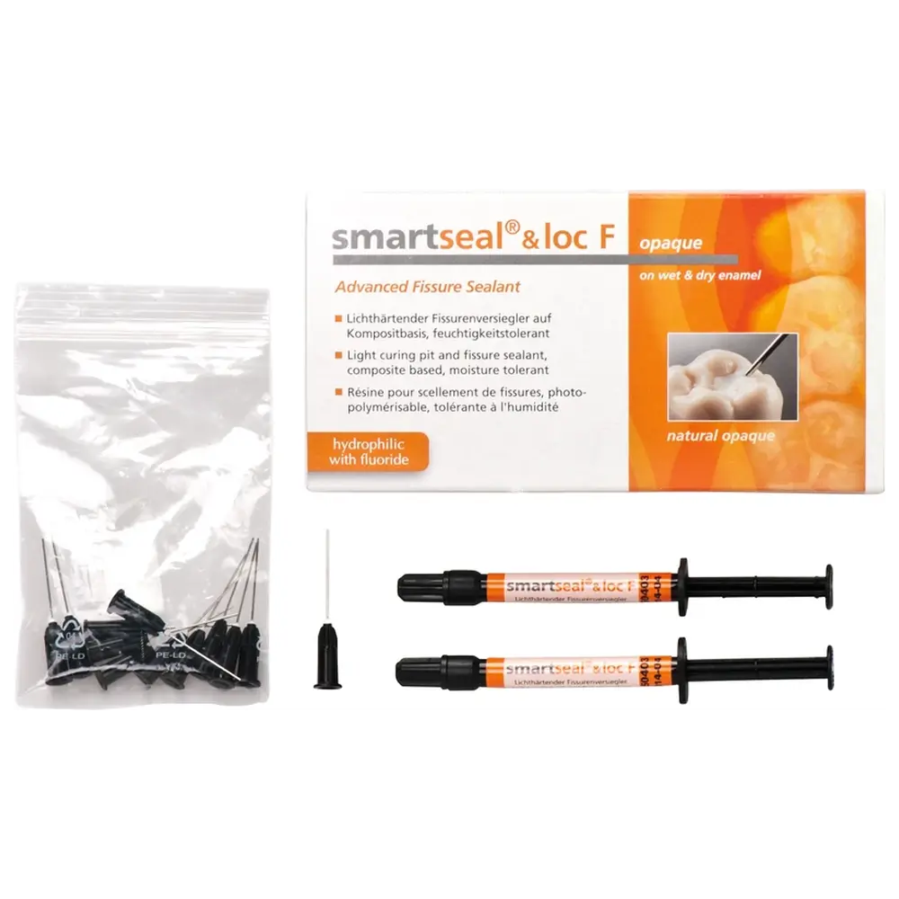 DETAX smartseal® & loc / F - Standardpackung 2 x 1,5 g Spritze mit Fluorid, natural opaque, 12 Nadeln schwarz