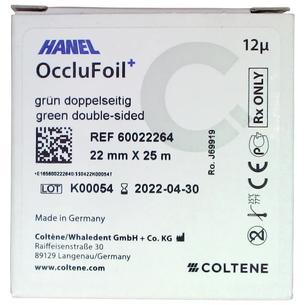 COLTENE HANEL OccluFoil+, doppelseitig 12µ - Rolle 25 m grün, 22 mm breit, PET