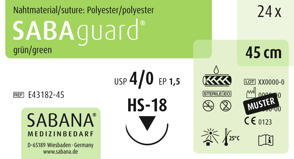 SABANA MEDIZINBEDARF SABAguard® - Packung 24 Stück grün, 45 cm, HS-18, USP 4/0, Stärke 1,5 SABANA MEDIZINBEDARF SABAguard® - Packung 24 Stück grün, 45 cm, HS-18, USP 4/0, Stärke 1,5