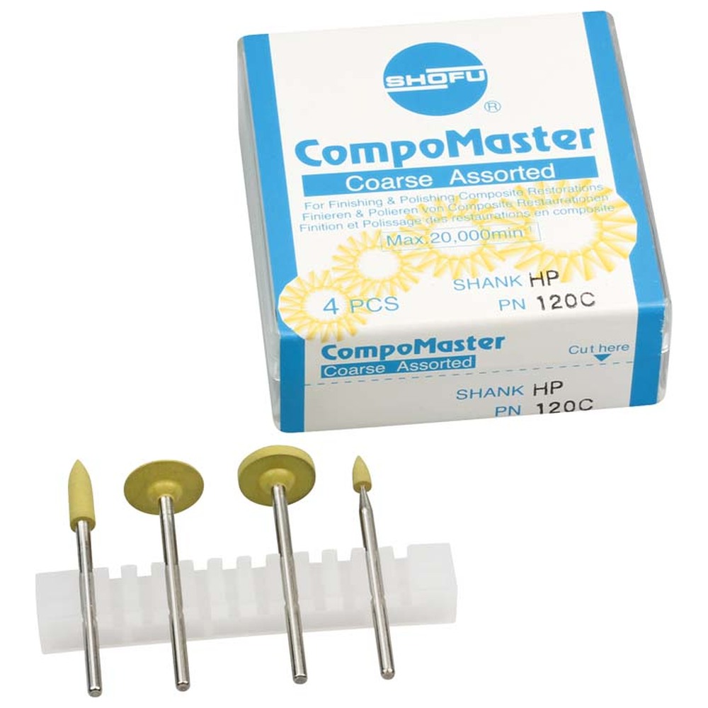 SHOFU CompoMaster - Sortiment 4 Stück gelb grob, HP, (Figur Walze, Minispitze, KN7, WH6)