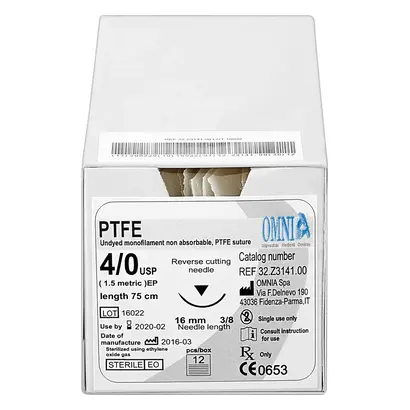 Omnia S.p.A. PTFE 4/0 Nahtmaterial 75cm 16mm schneid.3/8 kreisförmig Pa 12 Omnia S.p.A. PTFE 4/0 Nahtmaterial 75cm 16mm schneid.3/8 kreisförmig Pa 12