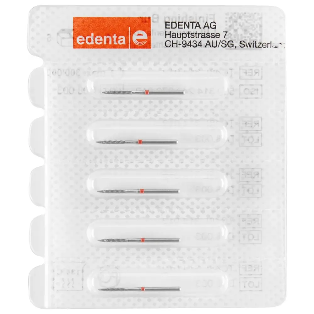 Edenta HM-Finierer TC48L - Packung 5 Stück rot, 12 Schneiden, FG, Figur 249 Flamme lang, 8 mm, ISO 012
